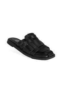 Sandales à glisser en cuir noir avec un design de bride tressée et une semelle plate, présentant un bout carré et une texture lisse.