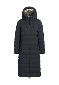 Zwarte donzen jas met capuchon, zilverkleurige voering, ritssluiting aan de voorkant, zijzakken en een lange, rechte snit met doorgestikte delen.