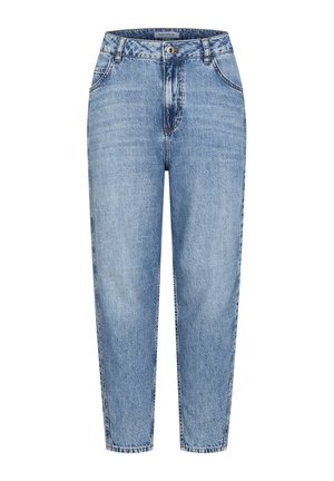 Hellblaue Jeans mit hoher Taille, geradem Bein, Vordertaschen, Gürtelschlaufen und Knopf- sowie Reißverschluss.