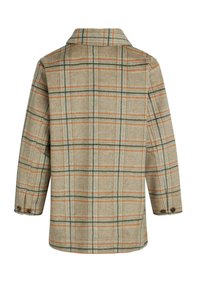 Cappotto a quadri in beige, verde e arancione. Presenta un colletto, maniche lunghe e bottoni decorativi sui polsini. Tessuto texture.