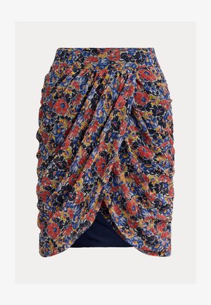 Φούστα με λουλουδάτο σχέδιο σε σκούρο μπλε φόντο με κόκκινα και μπλε λουλούδια, με ραμμένα πιέτες και ελαστική μέση. Μαλακό, ελαφρύ ύφασμα.