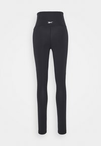 Høyt midje svarte leggings med en glatt tekstur og tettsittende passform, med en liten hvit logo på baksiden av midjebåndet.