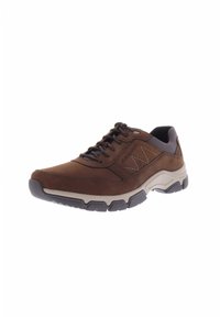 Braune Leder-Wanderschuhe mit grauen Akzenten, ausgestattet mit einer gepolsterten Sohle, Schnürsenkeln und einer strukturierten Oberfläche. Auffälliges seitliches Nähtdetail.