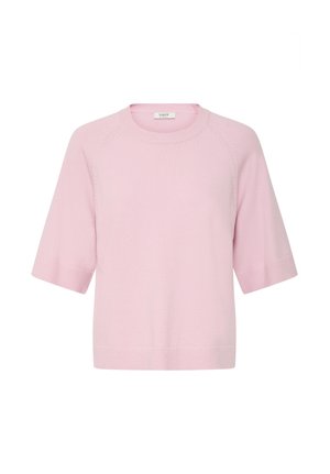 Pull en tricot rose clair à manches courtes avec col rond, poignets et ourlet côtelés, présenté sur un fond blanc.