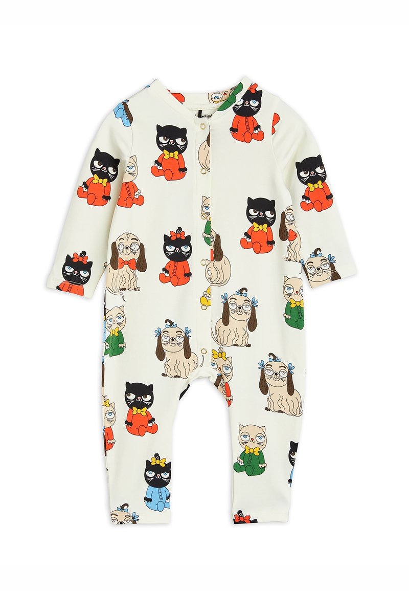 Combinaison pour bébé couleur crème à manches longues, ornée d'un imprimé de chats et de chiens de dessin animé vêtus de vêtements colorés et de nœuds.
