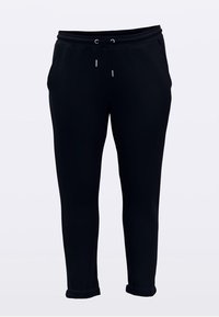 Črne športne hlače iz mehkega materiala z elastiko in vrvico v pasu, zoženimi hlačnicami z manšetami ter stranskimi žepi za funkcionalnost.