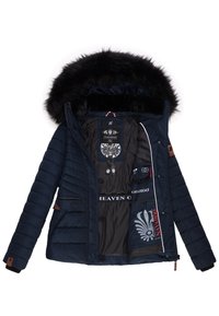 Navy blue puffer jacket with faux fur hood, zippered front, and two side pockets. Interior features printed lining and branding details.
