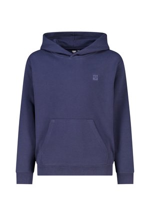 Marineblauwe capuchonsweatshirt met voorvak en klein geborduurd logo op de linkerborst, lange mouwen en geribde boorden.