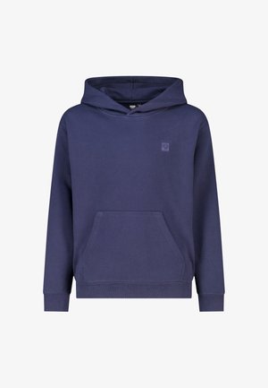 Marineblauwe capuchonsweatshirt met voorvak en klein geborduurd logo op de linkerborst, lange mouwen en geribde boorden.