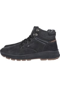 Schwarze Mid-Top-Schuhe mit einem Obermaterial aus glattem Leder und Textil, Schnürdesign, verstärkten Ösen und einer strukturierten Gummisohle.