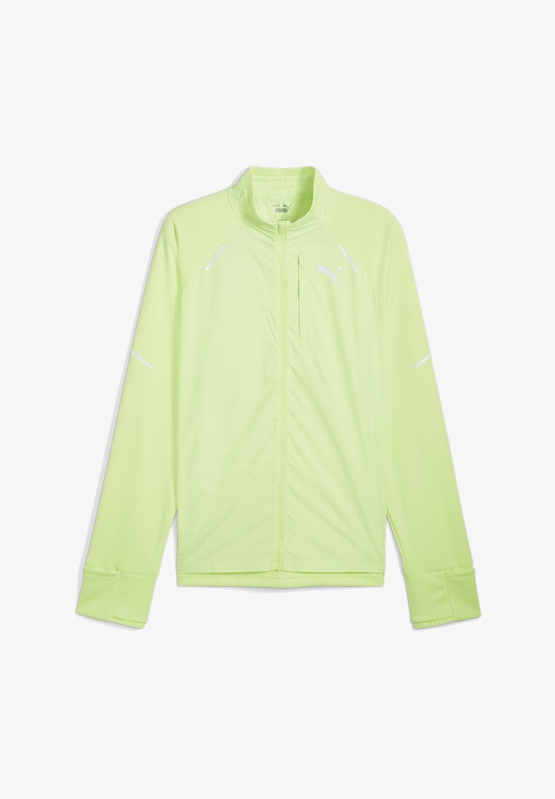 Chaqueta deportiva verde lima con cuello alto, mangas largas y detalles reflectantes blancos en los hombros y cremalleras. Tejido ligero.