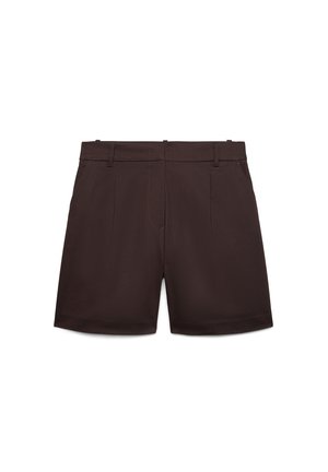 Dark brown tailored shorts with belt loops, front pleats, and a straight hem, laid flat on a white background.