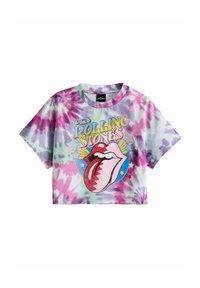 Sagriezta, īsām piedurknēm T-krekls pasteles krāsās ar lielu "Rolling Stones" logo, kas iekļauj sarkanās lūpas un mēles dizainu.