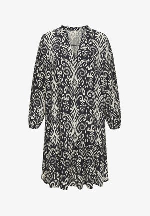 Schwarz- und crèmefarbendes Kleid mit V-Ausschnitt, dreiviertelÄrmeln und gestuftem Saum. Verfügt über ein aufwändiges, wirbelndes Muster.