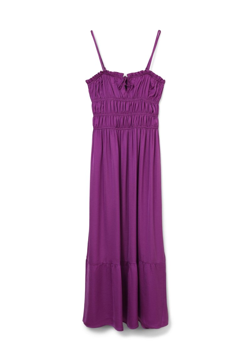 Purple, sleeveless maxi dress with smocked bodice and ruffled neckline. Flowing skirt with a gathered hem. Smooth fabric texture.