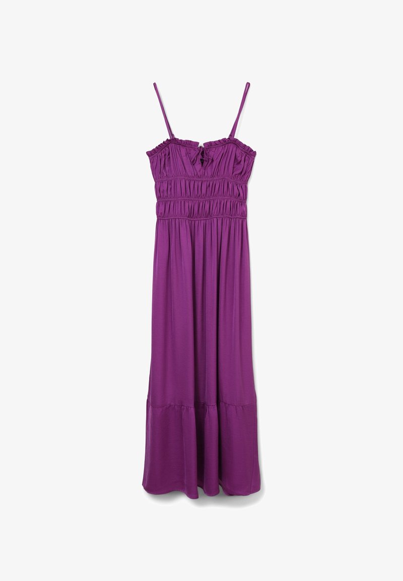 Lila, ärmelloses Maxikleid mit gerafftem Oberteil und Rüschenausschnitt. Fließender Rock mit gerafftem Saum. Glatte Stoffstruktur.