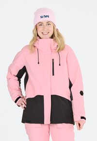 Rosa und schwarze Skijacke mit hohem Kragen, verstellbaren Kordelzügen, einer vorderen Reißverschlusstasche und Logodetail am Ärmel.