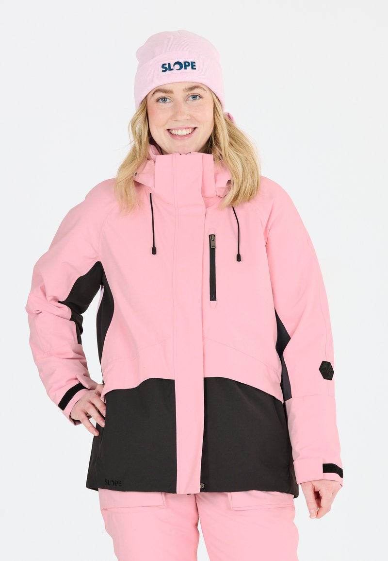 Rosa und schwarze Skijacke mit hohem Kragen, verstellbaren Kordelzügen, einer vorderen Reißverschlusstasche und Logodetail am Ärmel.