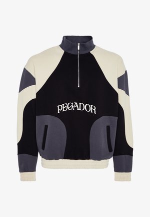 Zwart, grijs en beige sweatshirt met kwartrits en hoge kraag, elastische manchetten en de tekst "PEGADOR" op de voorkant.