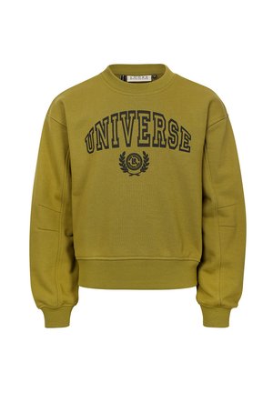 Olijfgroene sweatshirt met "UNIVERSE" in het zwart gedrukt, ribbels aan de mouwen en onderrand, ronde hals en textielstof. Ontspannen pasvorm met verlaagde schouders.