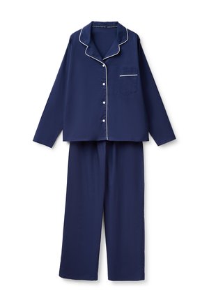 Navyblauer langärmeliger Pyjama mit weißer Paspelierung, Knopfverschluss am Oberteil mit Brusttasche und passenden locker sitzenden Hosen.