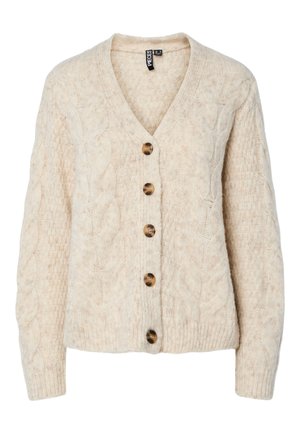 Light beige knitted cardigan with a V-neck, cable knit pattern, and five brown buttons down the front. Ribbed cuffs and hem.