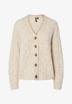 Világos bézs kötött kardigán V-nyakkal, fonott mintával és öt barna gombbal előrehúzva. Bordázott mandzsetták és alsó rész.