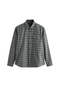 Camicia a quadri grigia con maniche lunghe, colletto button-down, taschino sul petto e una trama morbida. Presenta linee nere e blu nel motivo.