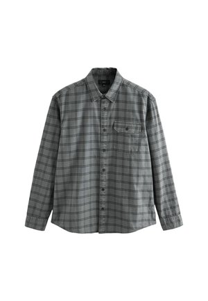 Camicia a quadri grigia con maniche lunghe, colletto button-down, taschino sul petto e una trama morbida. Presenta linee nere e blu nel motivo.