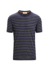 Mørkeblå kortærmet T-shirt med vandrette striber i olivengrøn og hvid; rund halsudskæring; blødt stof; normal pasform.