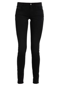 Jeans ajustados de mezclilla negra con una textura suave, cintura regular, diseño de cinco bolsillos y cierre de botón de metal. Sin patrones visibles ni adornos.