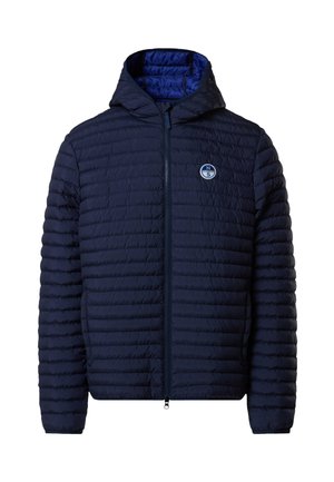 Navy blue lightweight quilted hooded jacket with front zipper and small round logo on chest.