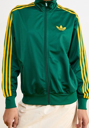 Grüne Trainingsjacke mit gelben Streifen an den Ärmeln, gelbem Logo auf der linken Brust und Frontreißverschluss, kombiniert mit hellen Hosen.