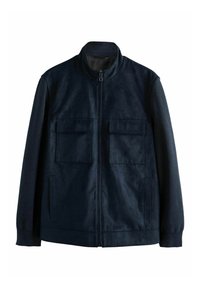 Chaqueta navy con cremallera frontal, cuerpo de ante, mangas de lana, dos bolsillos en el pecho y bolsillos de entrada lateral, con cuello alto.