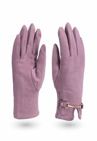 Guanti di suede viola con una texture liscia, design strutturato e un accento in metallo dorato all'altezza del polso.