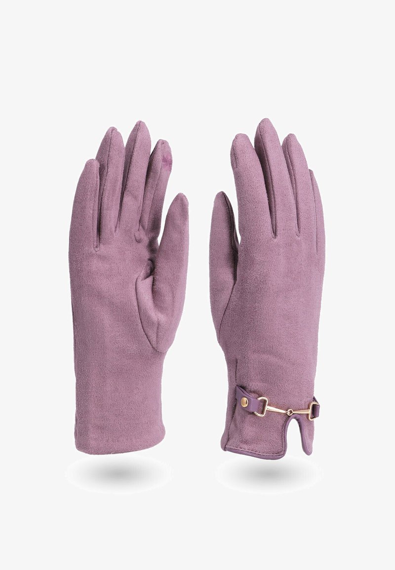 Guanti di suede viola con una texture liscia, design strutturato e un accento in metallo dorato all'altezza del polso.
