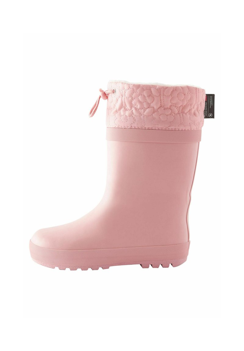 Bota de goma impermeable rosa con un patrón floral acolchado en la parte superior, cordón ajustable y suela texturizada para mayor tracción.