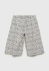 Cvjetne kratke hlače s elastičnim pojasom, s kremastom pozadinom i plavim uzorcima lišća. Lagana tkanina, slobodan kroj, dizajn do koljena.