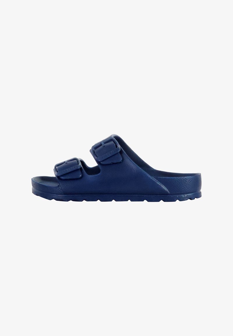 Blue sandals made of textured synthetic material, featuring two adjustable straps with buckles, and a flat, contoured footbed.