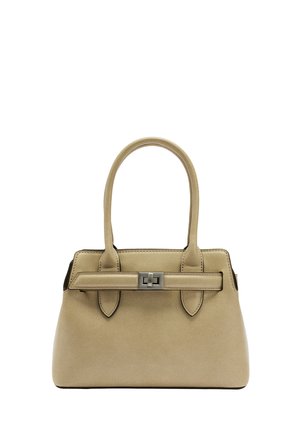 Beżowa skórzana torba na ramię z dwoma okrągłymi uchwytami, płaskim paskiem z metalowym zapięciem i wyraźnym kształtem. Gładka faktura, minimalistyczny design.