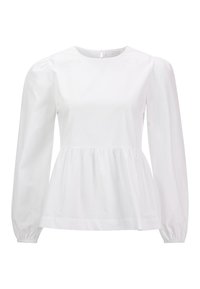 Camicia bianca a maniche lunghe con vita arricciata e spalle a sbuffo, dotata di polsini elasticizzati e collo rotondo.