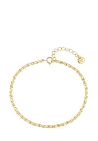 Arany karkötő, amely texturált lánc dizájnnal és kör alakú díszítésekkel rendelkezik, homárzárral záródik, kiterjesztő lánccal és egy charm-al van befejezve.