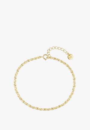 Zelta aproce ar teksturētu ķēdes dizainu, kurā ir apaļas akcenti un omāra aizdare, pabeigta ar pagarinājuma ķēdi un piekariņu.