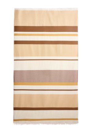 Beige, brun, hvid og sennepsstribet rektangulært tæppe med frynser på en hvid baggrund.