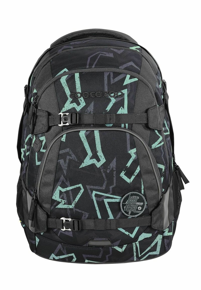 Black backpack with abstract mint green and gray patterns, featuring a front logo, adjustable straps, and clips for secure fastening.