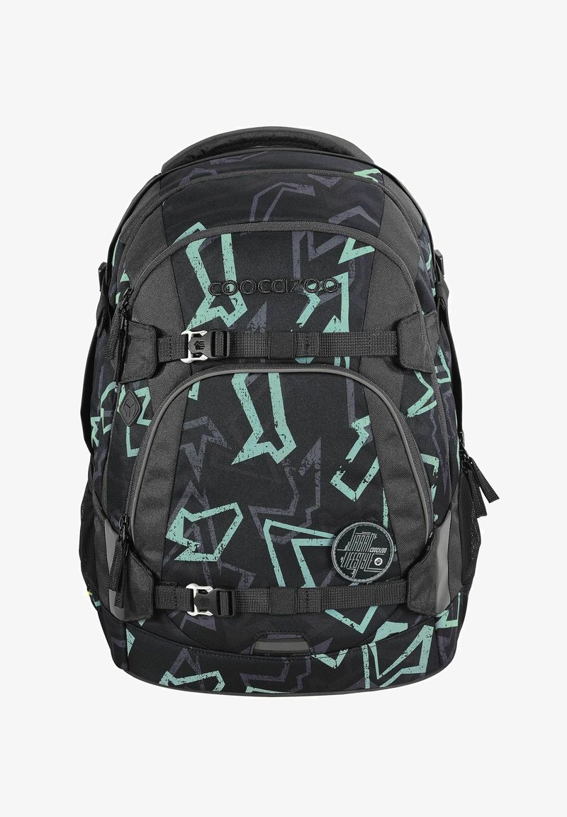Black backpack with abstract mint green and gray patterns, featuring a front logo, adjustable straps, and clips for secure fastening.