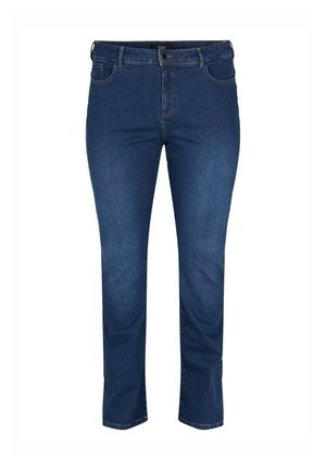 Dark blue straight-leg jeans with front pockets, belt loops, button, and zipper closure, displayed on a white background.