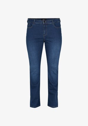 Dark blue straight-leg jeans with front pockets, belt loops, button, and zipper closure, displayed on a white background.