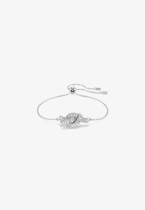 Silver bracelet with a twisted design, featuring rectangular and round cubic zirconia stones, adjustable chain, and a sliding bead clasp.