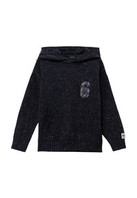 Felpa con cappuccio lavorata a maglia grigia scura con una texture marmorizzata, tasca a kangaroo frontale e il numero "6" stampato su un lato. Polsini e orlo a costine.
